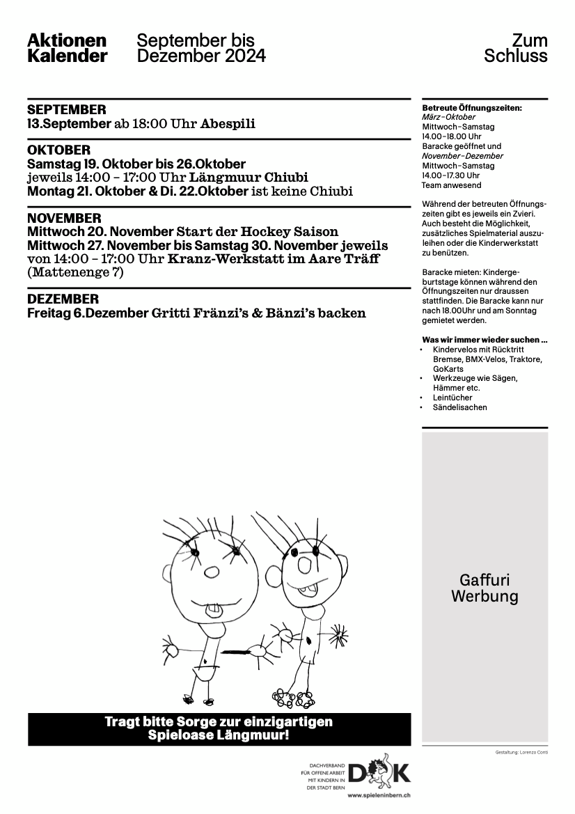 Aktionen Kalender Spielplatz Längmuur September-Dezember 2024
