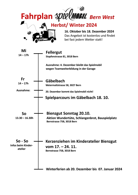 Flyer Fahrplan Spielmobil Bern West Herbst/Winter 2024