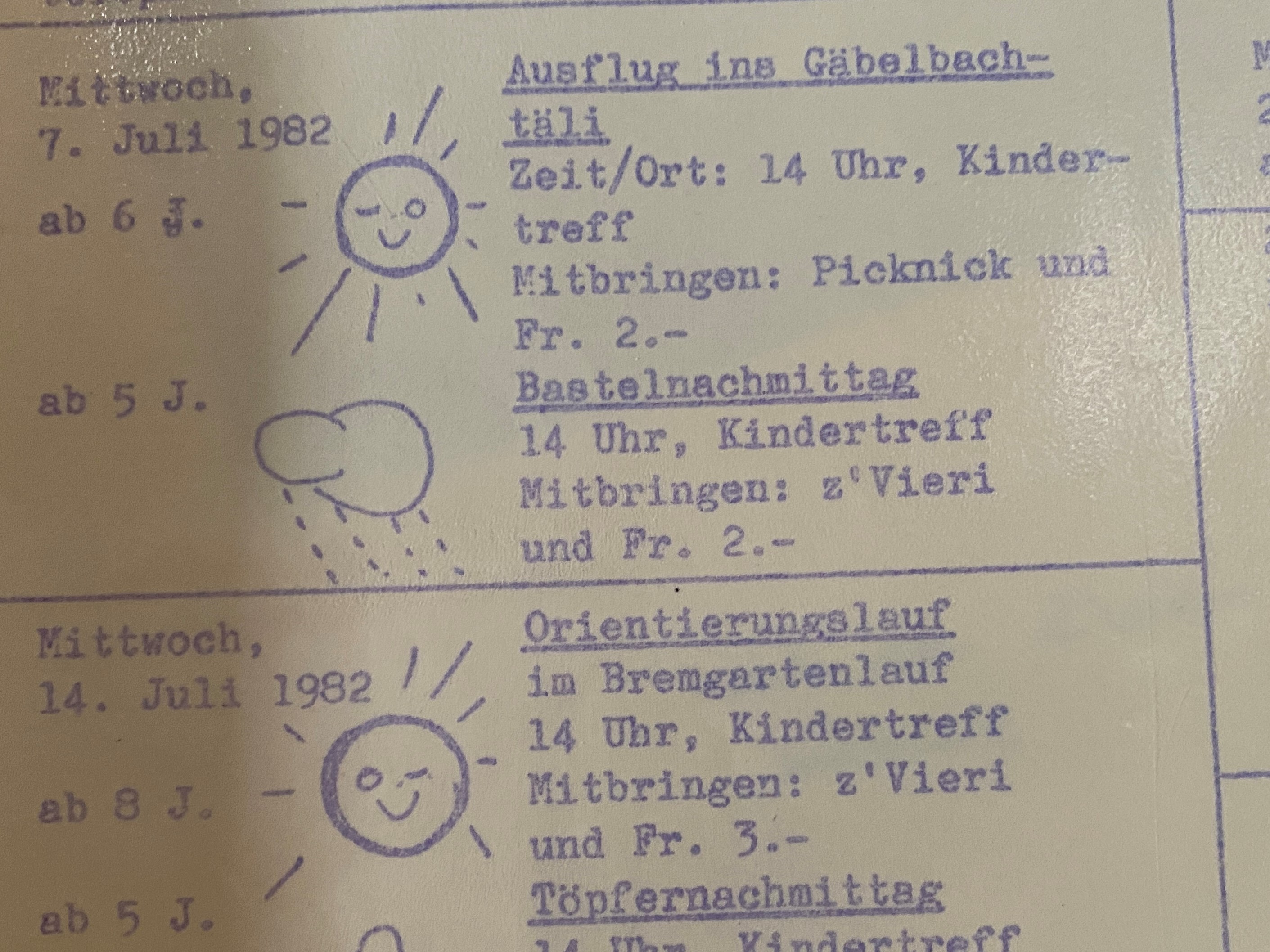 1982: Programm des  DOK Kindertreffs Tscharni 